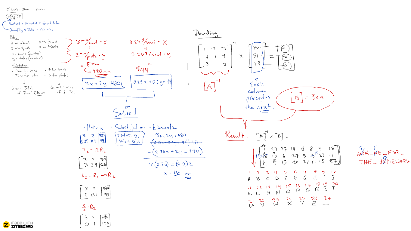 Matrix math lesson with Ziteboard online realtime teamwork